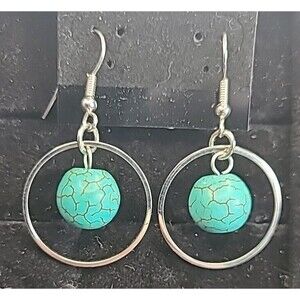 Stainless Steel Polished with Syn. Turquiose Dangle Shepherd Hook Earrings